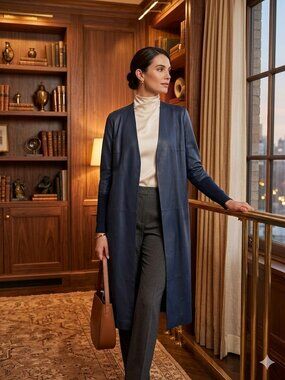 Akris Navy Leather Open-Front Long duster/cardigan Size L